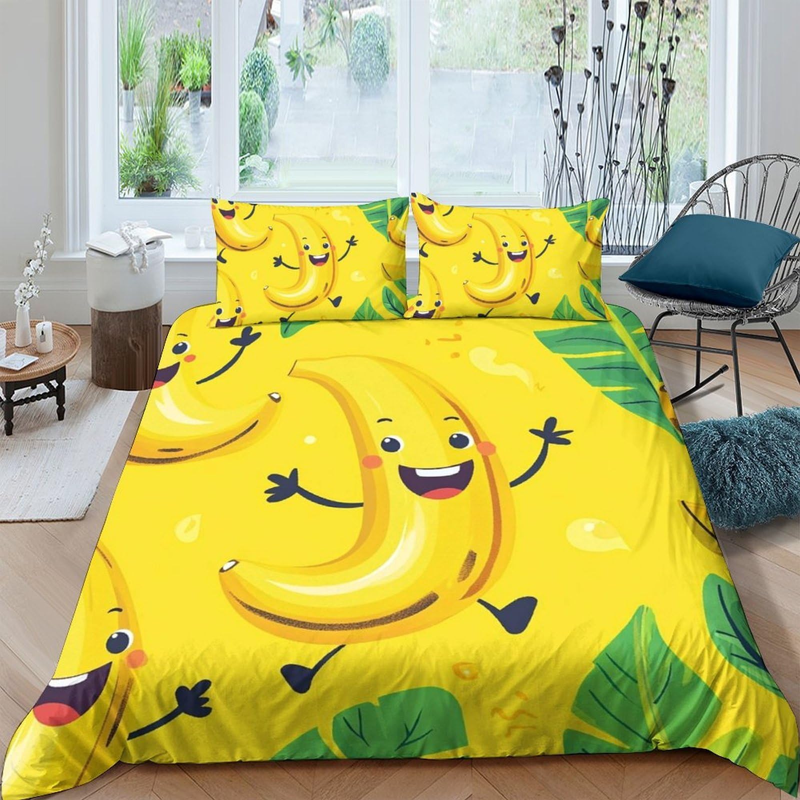 Ctjqhvkz Style-1 3D Printed Cartoon Banana Fitted Sheet Microfiber Yellow Leaf Mattress Cover For Bedroom Guest Room Easy Care Single（135X200cm）