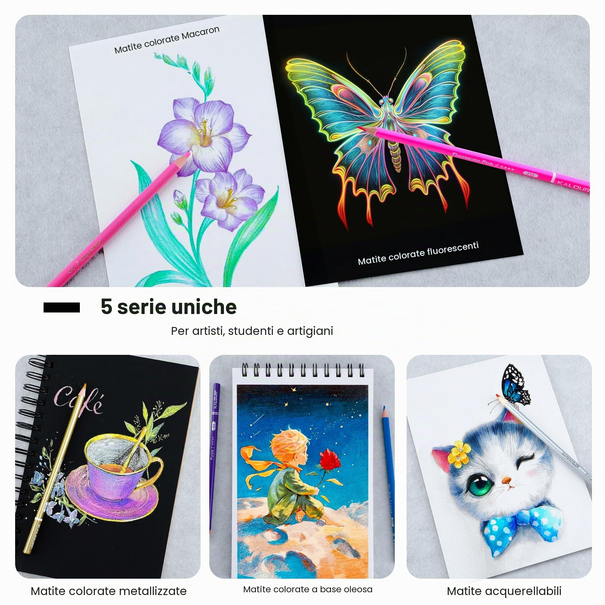 Kalour, set di 60 matite per disegno artistico, comprese matite a olio, metalliche, ad acquerello, al neon, pastelli macaron. Ideale per schizzi, colorazione e lavori fai-da-te, regalo per adulti
