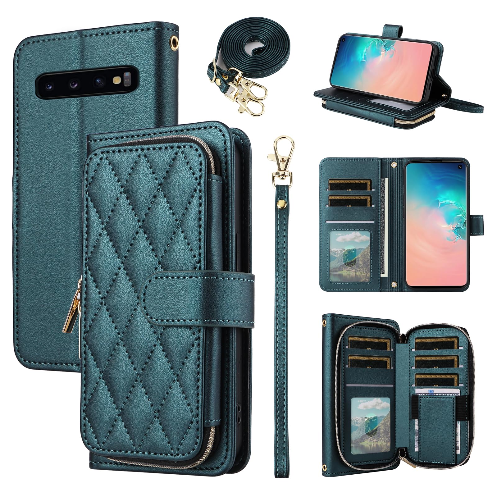 Furiet Wallet Case for Samsung Galaxy S10 Plus with Wrist Strap, Crossbody Shoulder Strap, Luxury PU Leather Stand Cell Phone Cover with 9+ Card