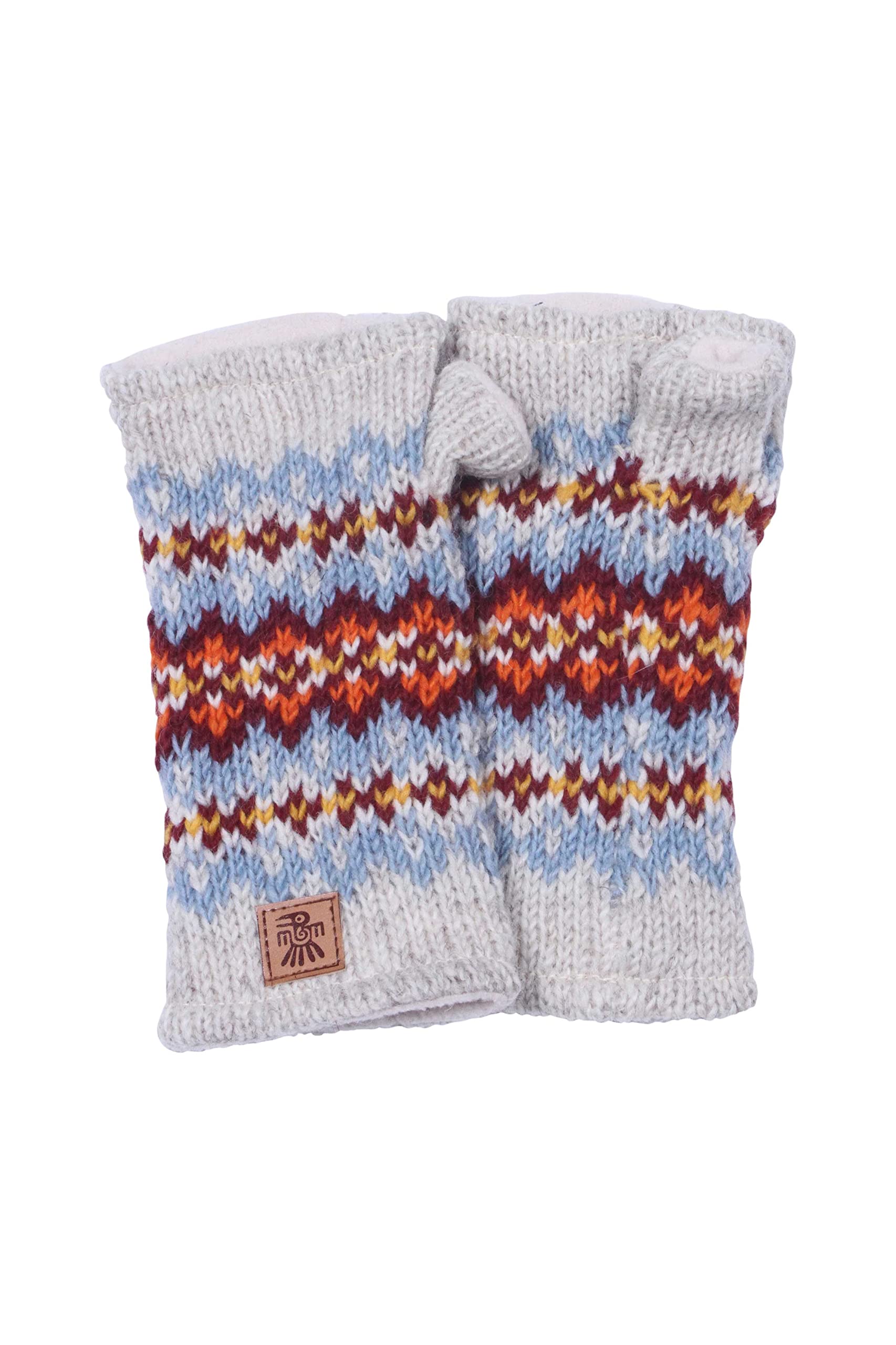 Pachamama Women Wool Hand Wrist Warmers Fleece Lined Handknitted Fair Isle Multicoloured One-Size Handmade Extra Warm Trade (Oatmeal)