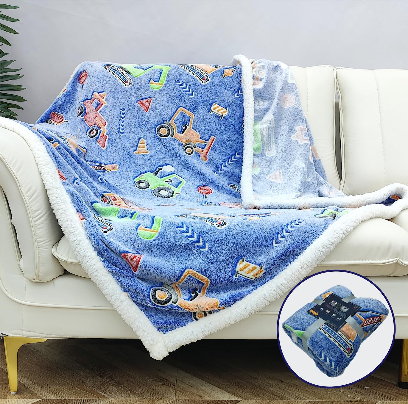 Snuggly Glow Blanket for Kids Aged 0-10 Years - 60x50inches with Sherpa Lining (Builder Trucks)