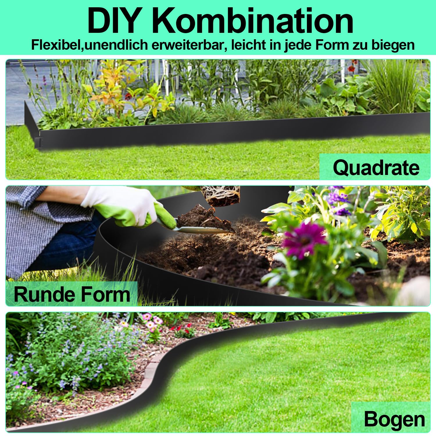 Rasenkante Metall Verzinkt, 15m Schwarz Matt Flexible Garten Beeteinfassung, Kratzfeste Oberfläche Stecksystem ohne Zubehör Einfache Montage, 15 Stück 100cm x 18cm (L x H)