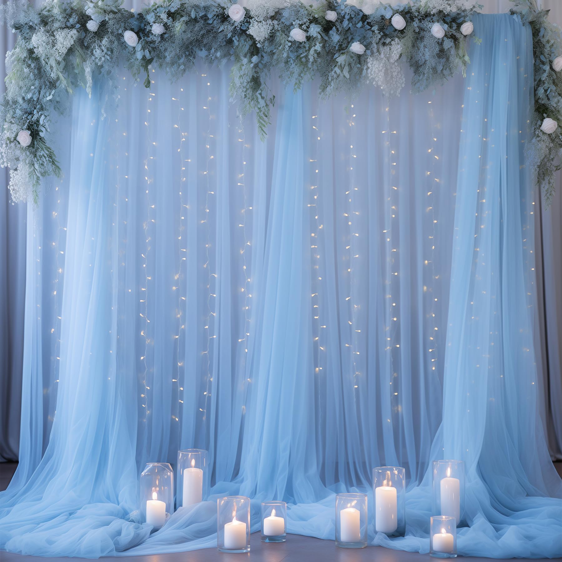 10×10ft Blue Tulle Backdrop Curtain with Lights String for Parties, Sheer Curtain Backdrop Drapes for Wedding Party Home Decorations