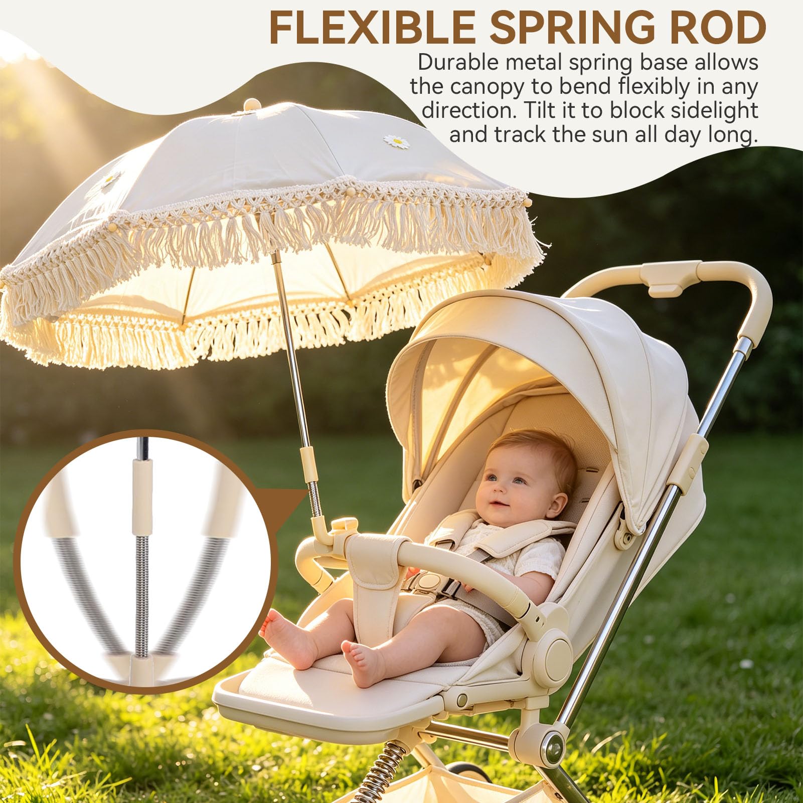 Agatige Parasol Pour Poussette De Bébé Avec Pompon, 70CM Poussette Portable Universelle Parasol De Chariot Pour Accessoires De Photographie Jardin De Bord De Mer (Beige Avec Petit Chrysanthème)