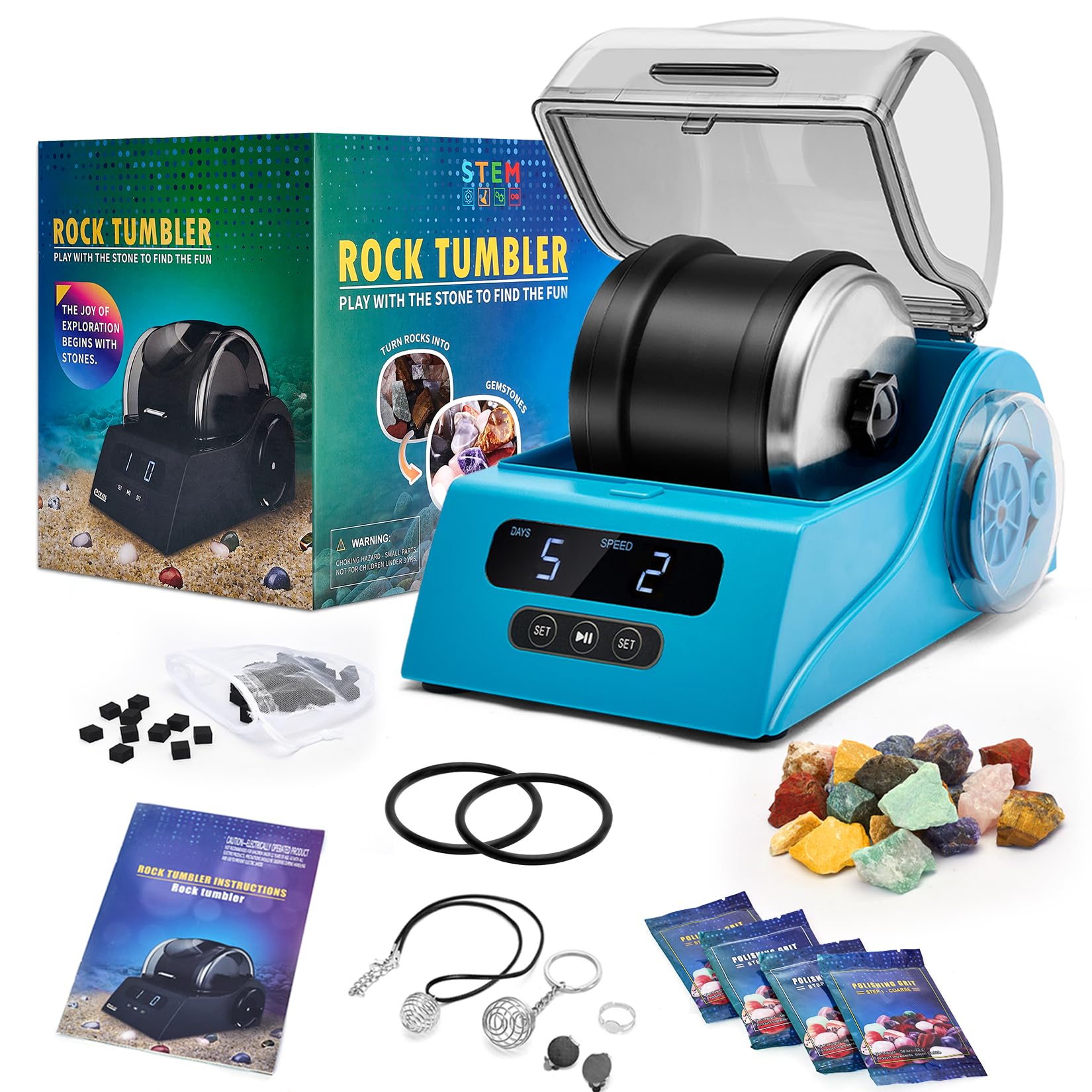 Rock Tumbler Kit for Kids and Adults, Professional Rock Polisher with Rock Tumbler Grit, Timer and Auto Off, Rubber Barrel, Stone Tumbler Christmas Science Set