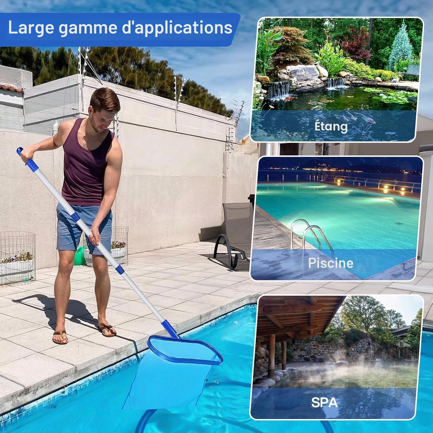 Kit de Piscine Nettoyage, Épuisette de Surface Piscine et Epuisette Piscine Fond, Filet de Piscine Maille Fine avec Manche Télescopique en Aluminium, pour Piscines, Spas, Fontaine, Étang