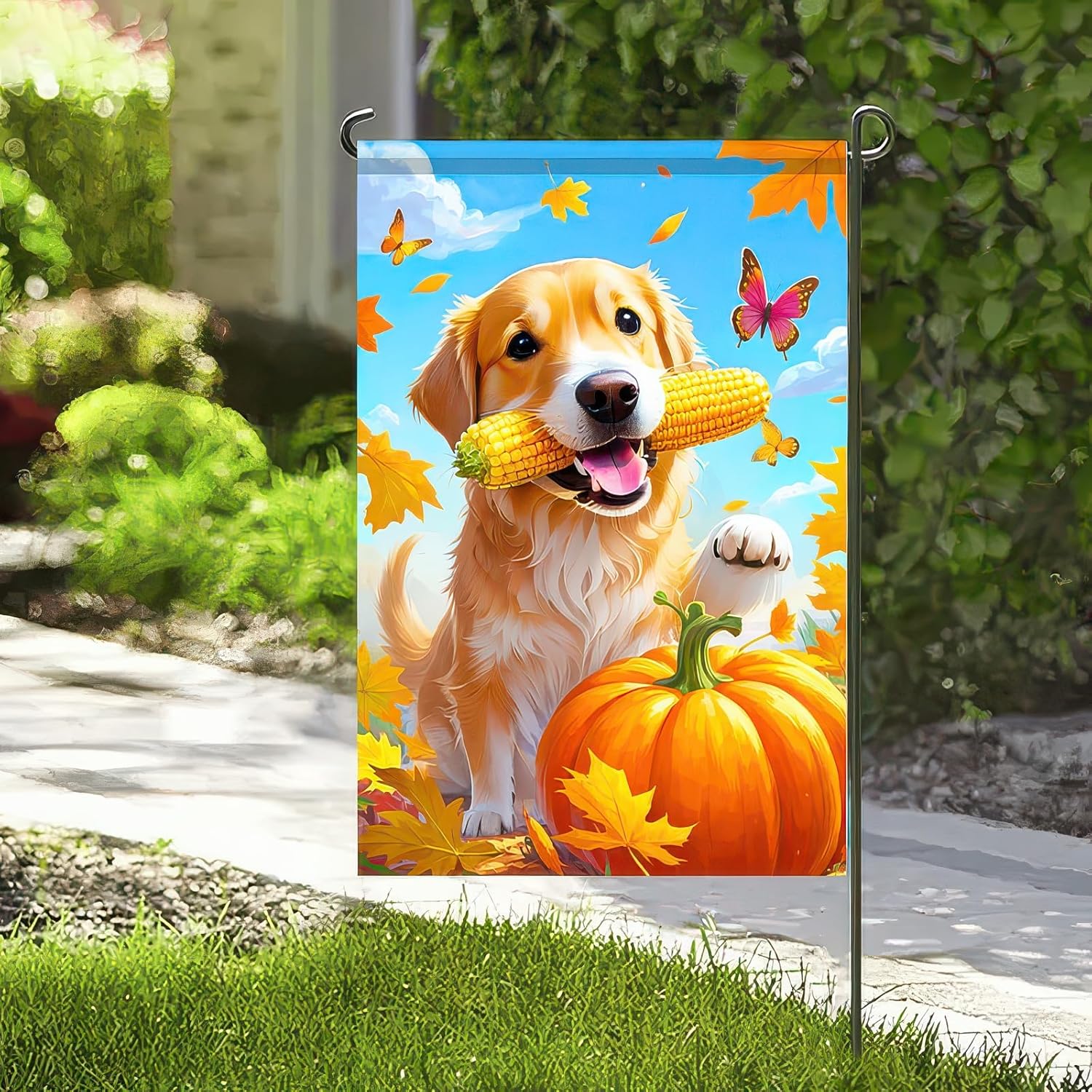 Thanksgiving Fall Garden Flag 12x18 Inch Welcome Golden Retriever Outdoor Flag Double Sided Autumn Yard Banner with Red Birds Leaves for Porch Lawn Patio Seasonal Decor - Image 6