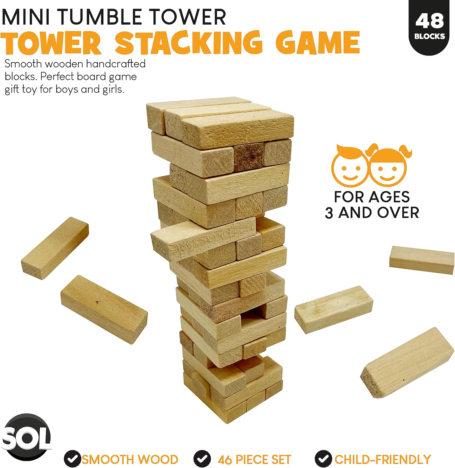 SOL 46 PCS Mini Tumbling Tower | Wooden Stacking Block | Travel Games for Kids Wooden Toys for Girls & Boys - Image 3