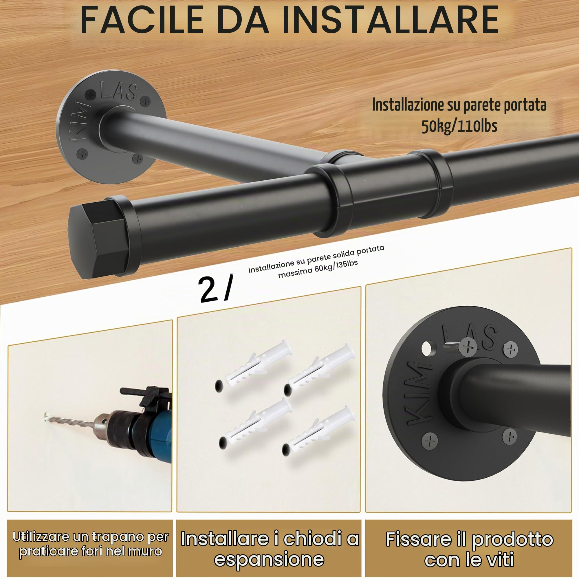 Yawinhe Attaccapanni Industriali Set di 1,Barra Porta Abiti 112cm,Nero | Barra Appendiabiti da Parete a Tubo;Rimovibile Attaccapanni da Muro;Salvaspazio,Appendiabiti da Muro per Spazio Stretto