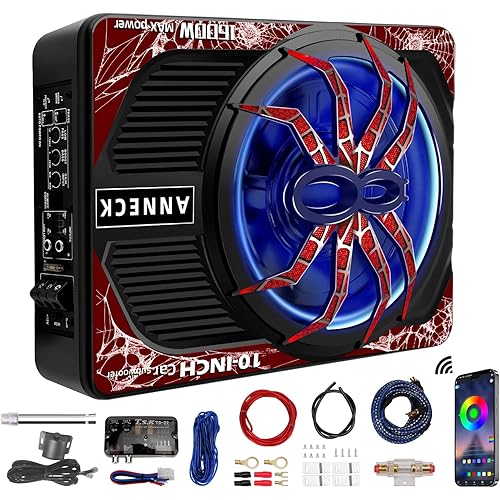 1600W 10" Slim Under Seat Subwoofers with Built-in Amp | LED Ambient Light, Deep Bass, Individual Controls (LPF/Gain/Bass Boost), High Output Distortion-Free Audio, Suitable for All Vehicle Models