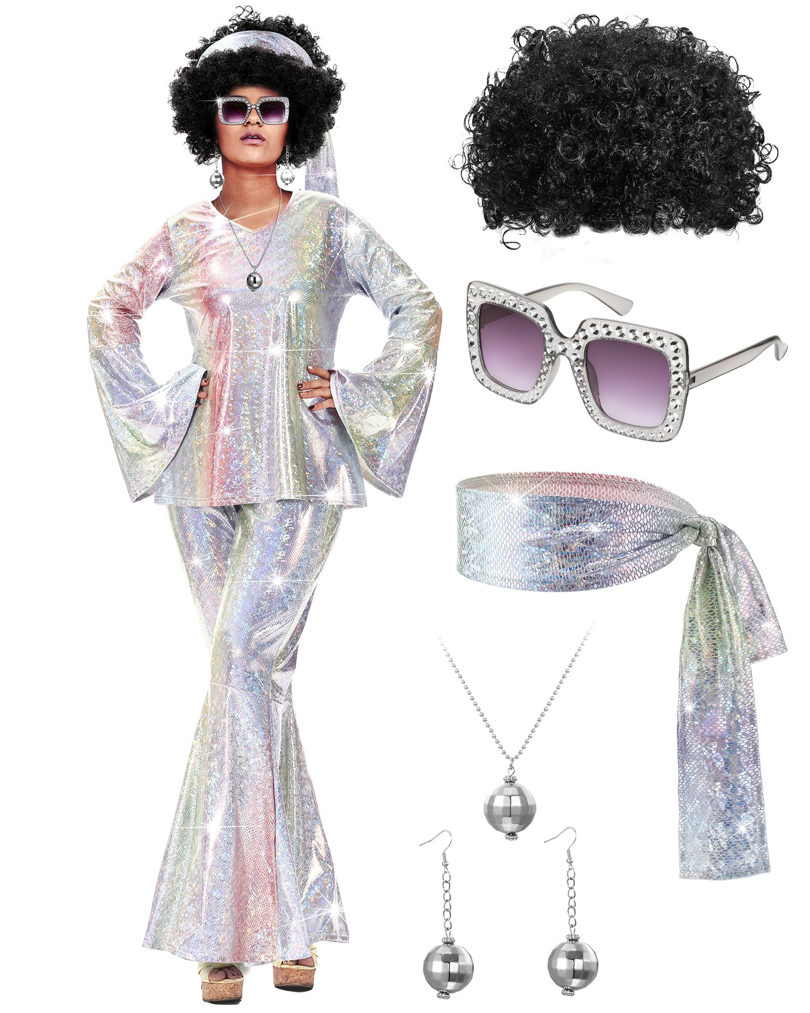 Jexine 70s Women Disco Outfit Costume Disco Party Top Pants Sunglasses Ball Necklace Earring Wig for Halloween New Year Eve