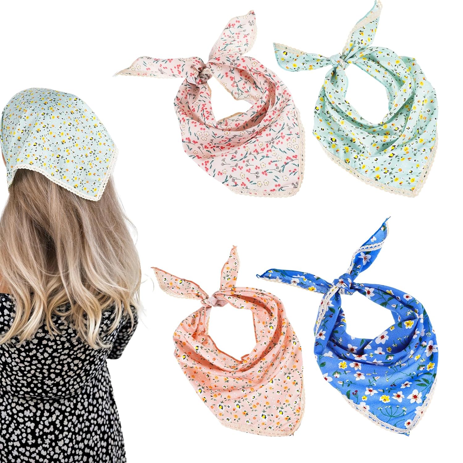 4 PCS Floral Hair Bandanas for Women headband, Small Hair Triangle Head Scarf Print Chiffon, Cute Boho Floral Kerchief for Women Head Accessories