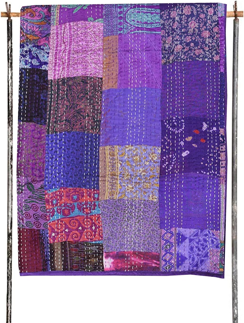 Twin Purple Multi Patola Silk Patch Work Kantha Quilt , Kantha Blanket, AC Rallies Indian Sari Quilt, Bed Cover, Twin Patch Kantha Throw, Bohemian Bedding Kantha Size 90"x60" Inches