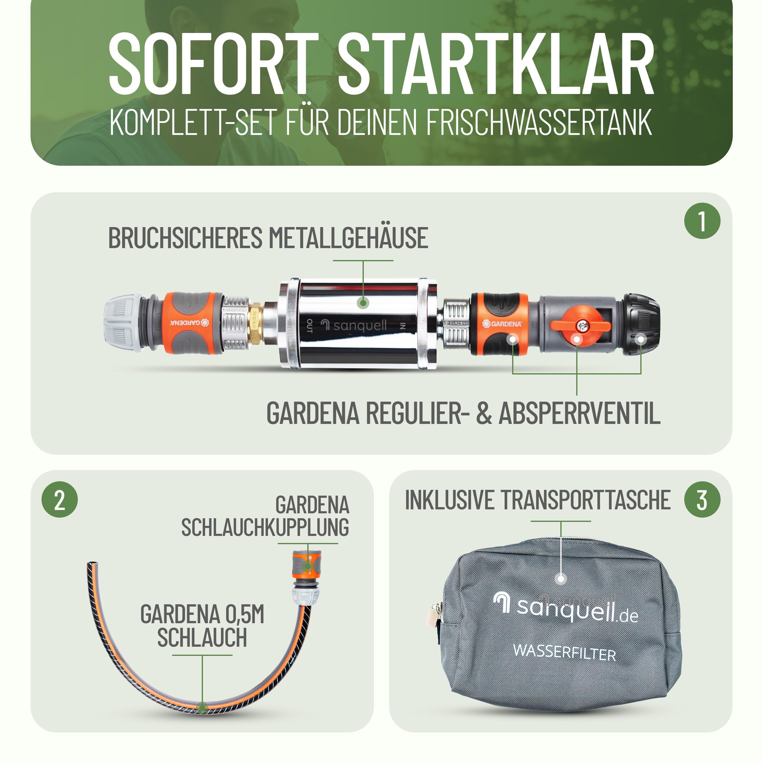 Wasserfilter Camping Wohnmobil, Wohnwagen Explorer | Keimsperre | Medizintechnik | Sauberes Trinkwasser unterwegs | Befüllfilter für Frischwassertank | Komplettset | bis 8 Liter/Minute | Silber