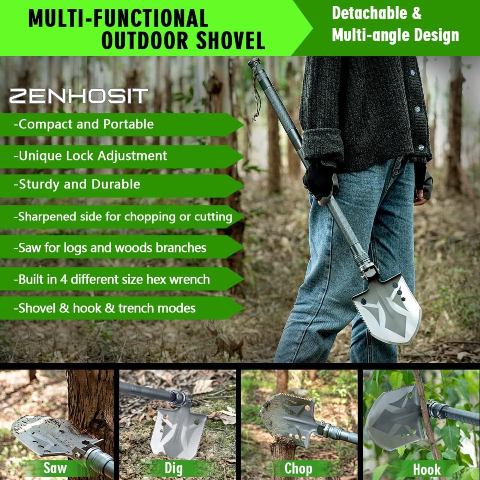 ZENHOSIT Multifunctional Folding Tactical Shovel Hatchet Combo - With Axe, Flashlight, Extension Handles - For Camping, Cycling, Hiking - 19.3-40.9 Inches — Amazon image 2