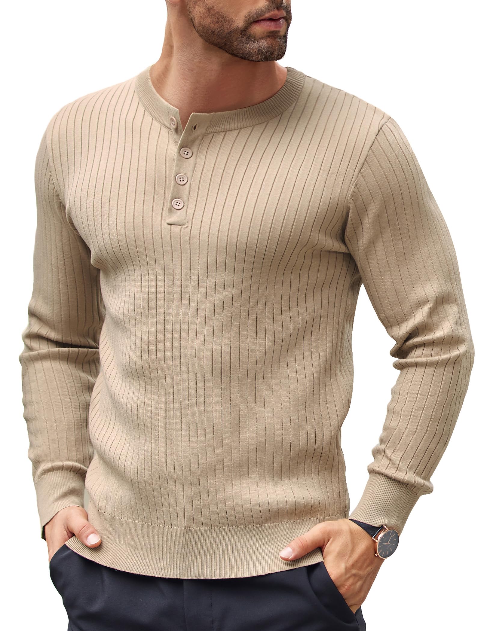 COOFANDY Herren Pullover Henley Shirt Strickpullover mit Knopfleiste Männer Langarmshirt Pulli Slim Fit