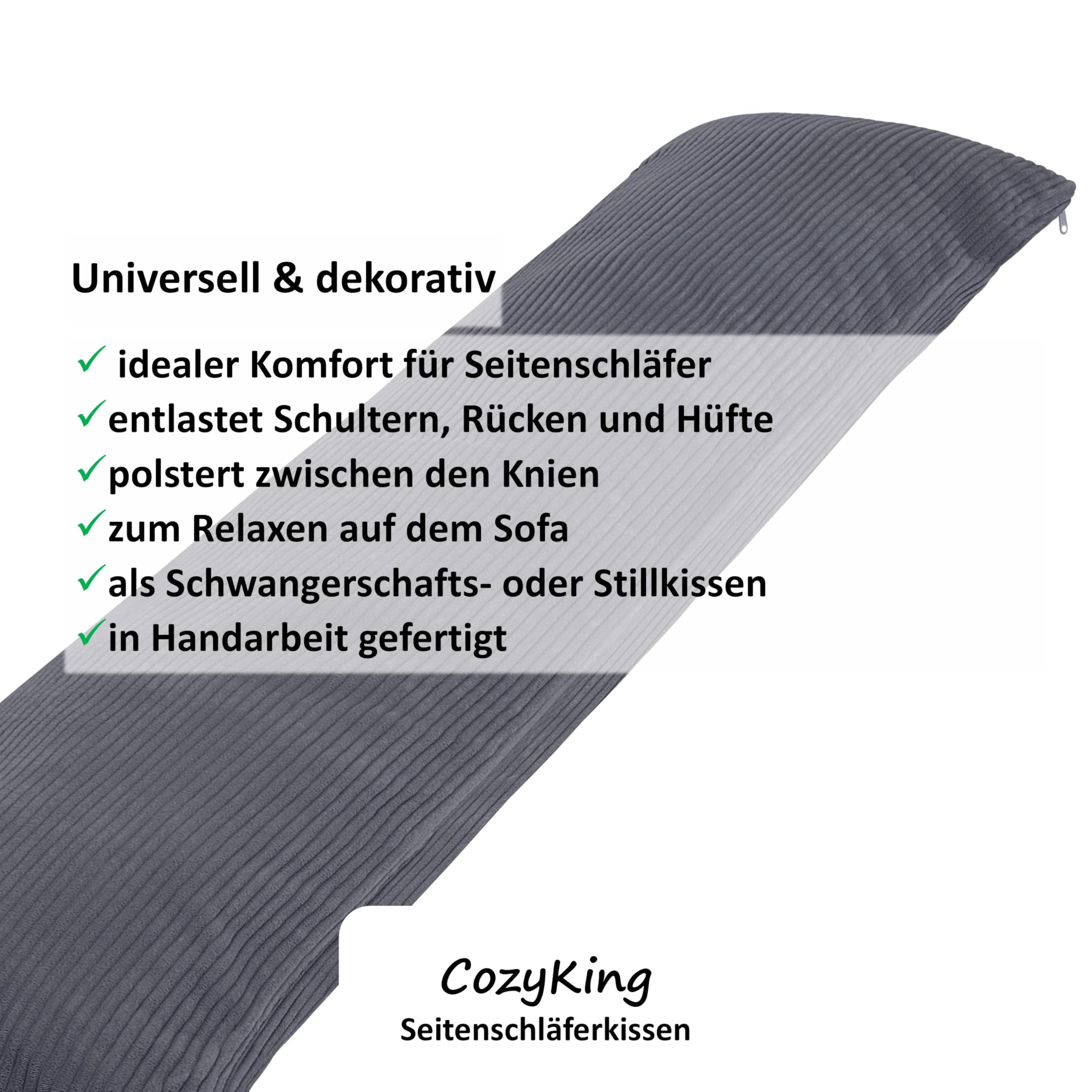 CozyKing Seitenschläferkissen mit Bezug 200 x 40 cm Cord Grau - Öko-Tex Zertifiziert - 40°C waschbar, perfekt als langes Lagerungs-Kissen u. Schlafkissen oder Schwangerschaftskissen/Stillkissen