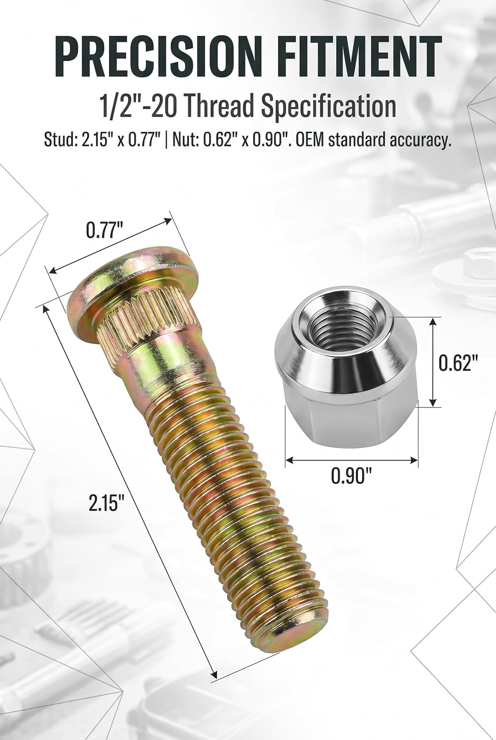5 Pack 1/2" 20 Wheel Studs and Lug Nuts Kit, Wheel Stud Bolt Kit, High-Strength Tire Studs Replace #007-122-00, Universal Lug Stud for Tires & Wheels Accessories, Fit for Most Cars (Gold)