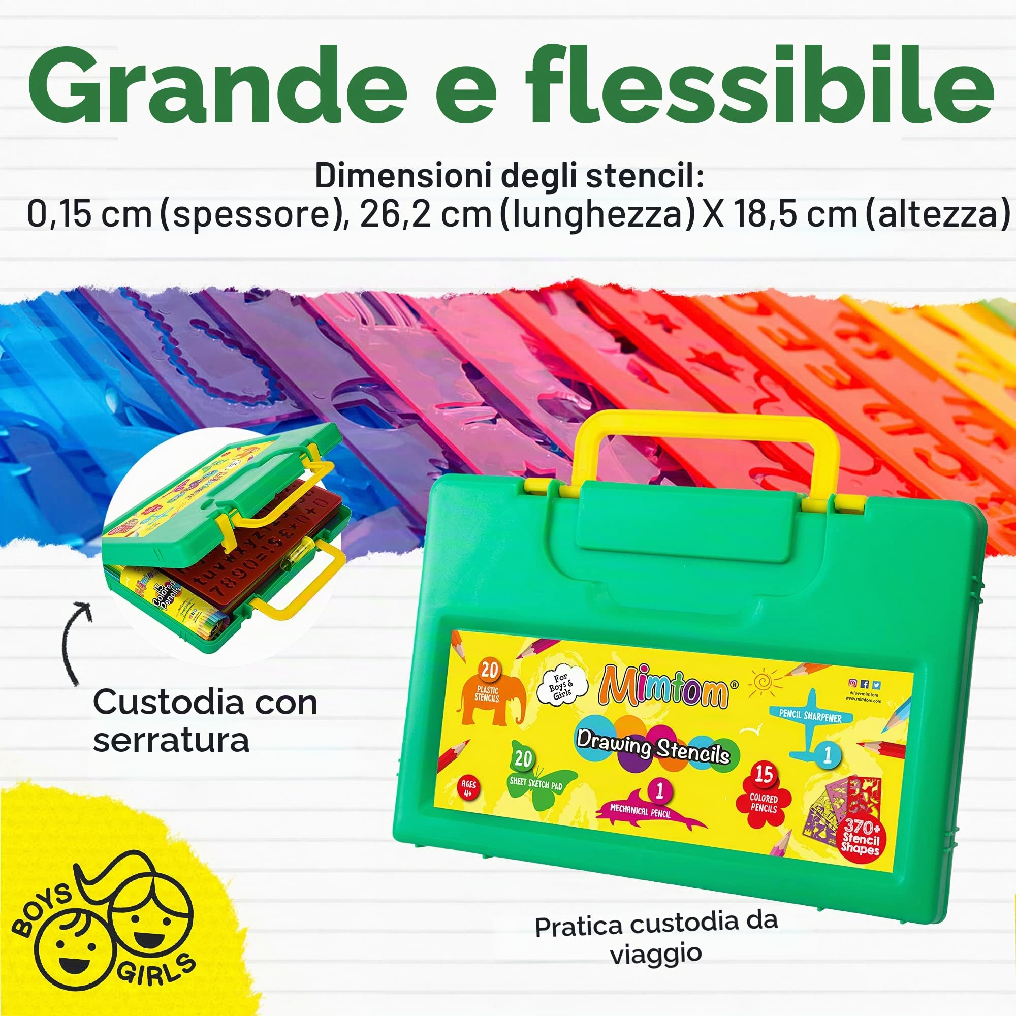 Stencil per Bambini | Set da Disegno con Stencil 58 PZ con più di 370 Forme per Sviluppo creatività | Giocattolo educativo Sicuro per Bimbi e Bimbe +3 Anni – Ottima Idea Regalo