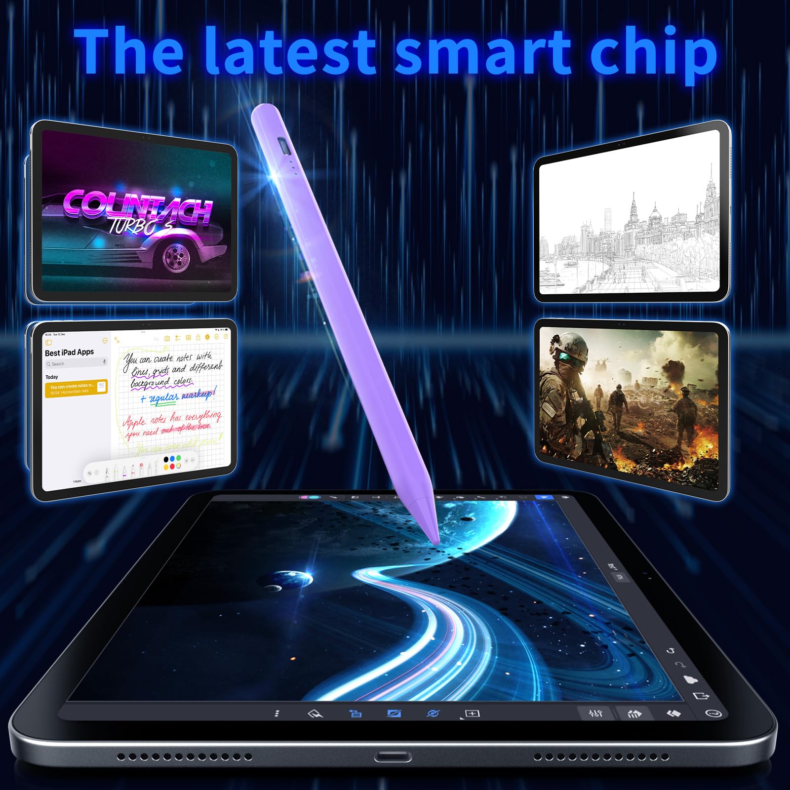 Penna per iPad 2018-2026, Pencil con Palm Rejection, Ricarica rapida, Inclinazione, Viola