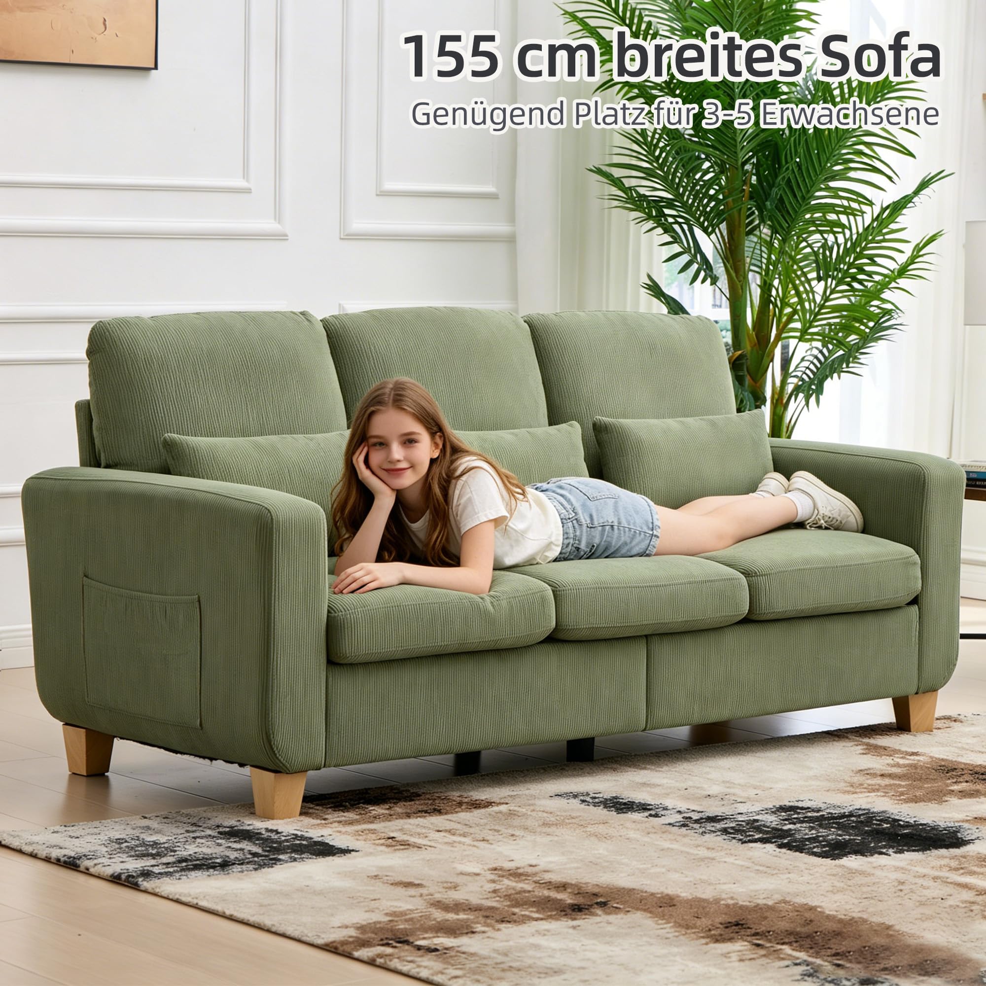 EBELLO Sofa 188 cm, 3-5 Sitzer Couch, modernes Sofa aus Cord, Wohnzimmersofa geeignet für kleine Räume, Schlafzimmer, Wohnungen und Büros, Grasgrün