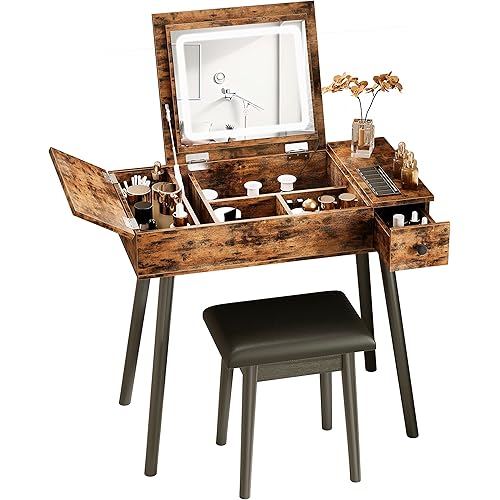 IRONCK Vanity Desk Set with LED Lighted Mirror & Power Outlet, Flip Top Makeup Vanity Table with Drawers & Cabinet,for Bedroom, Bathroom, Vintage Brown