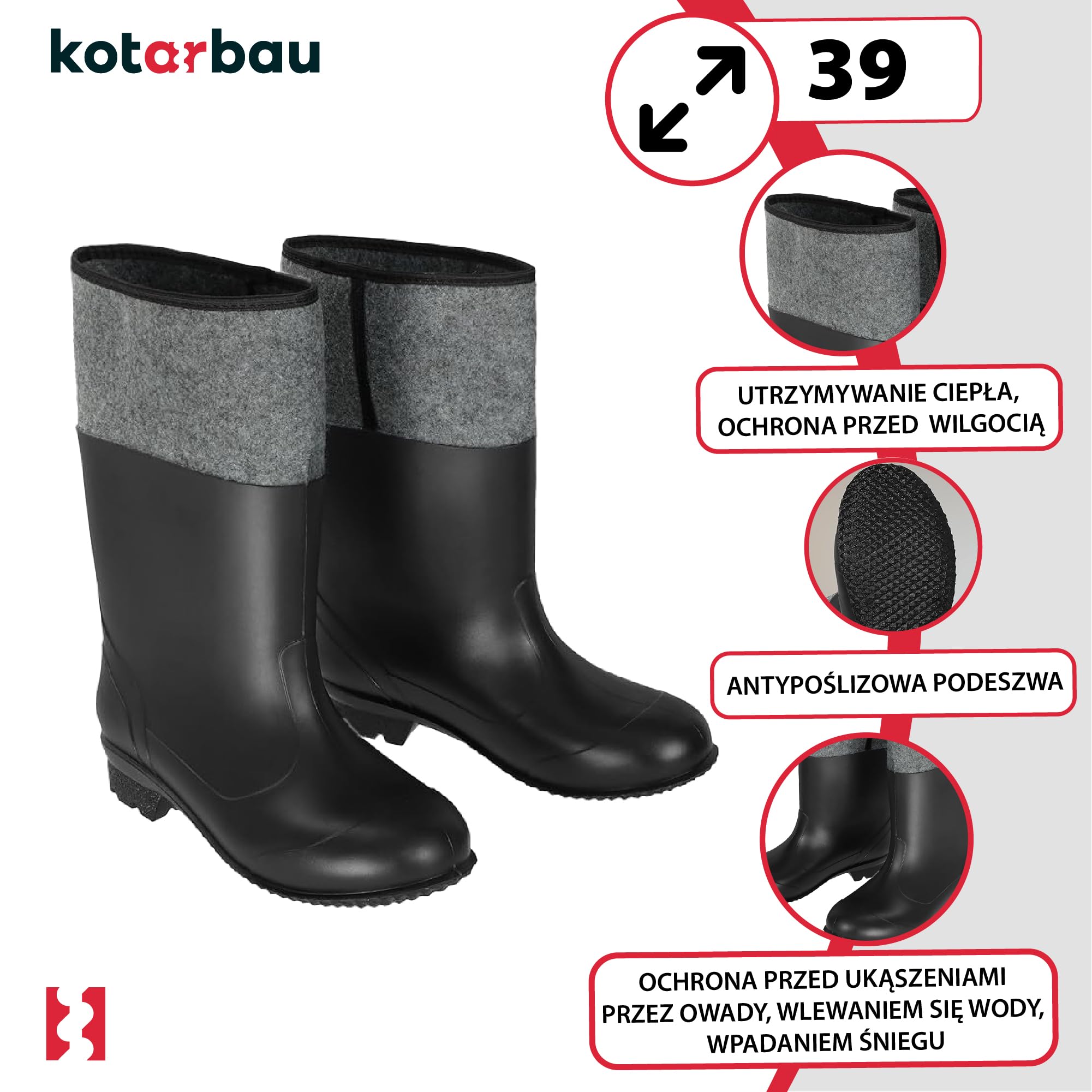 KOTARBAU Kalosze filcowe, uniseks, buty robocze, kalosze robocze, wodoodporne, zimowe