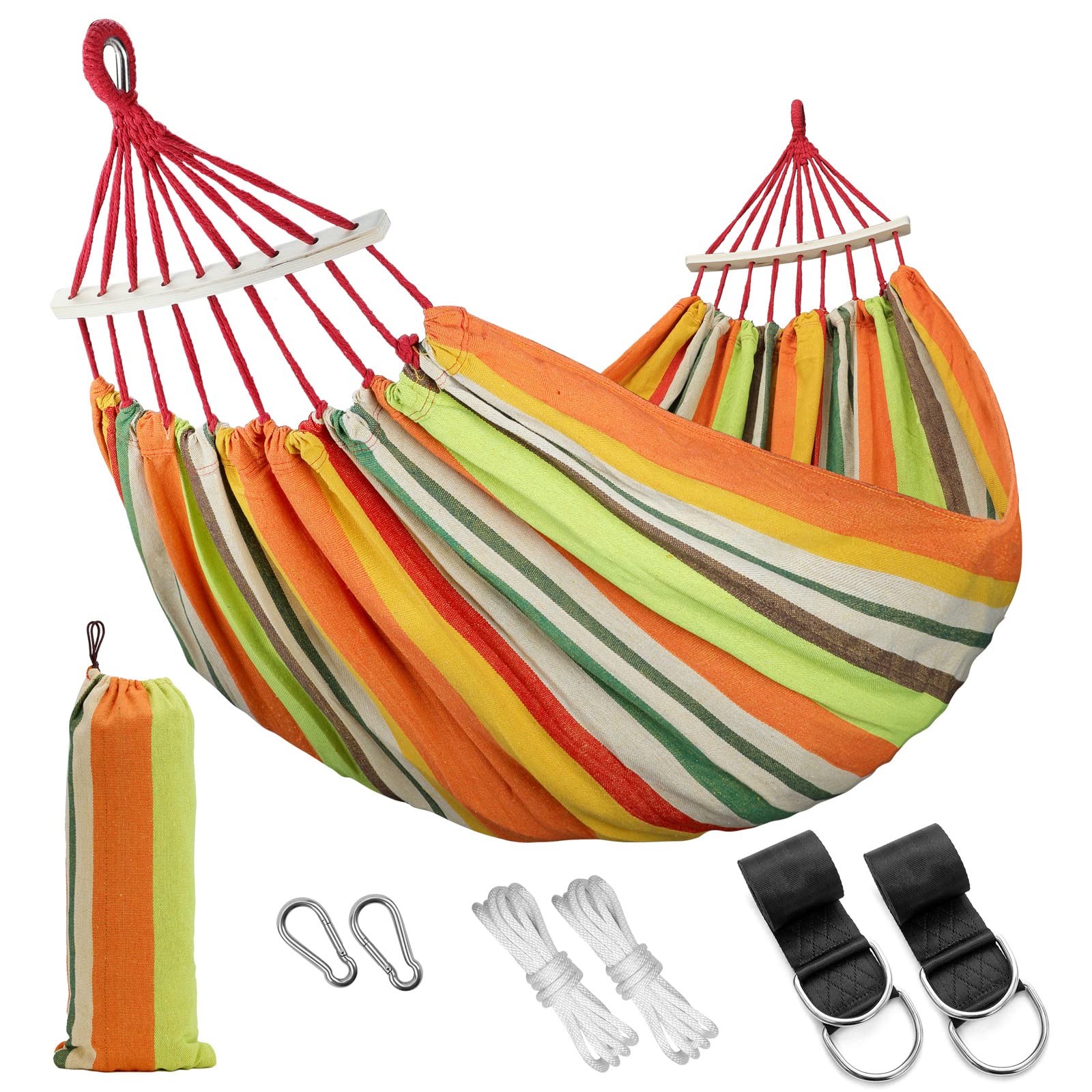 MEELOTOP Comfortable Large Brazilian Double Canvas Hammock, Fabric Camping Hammock with Portable Bags Ropes for Hanging Tree, Orange 2 People Hammock for Outdoor Patio Backyard Garden Indoor