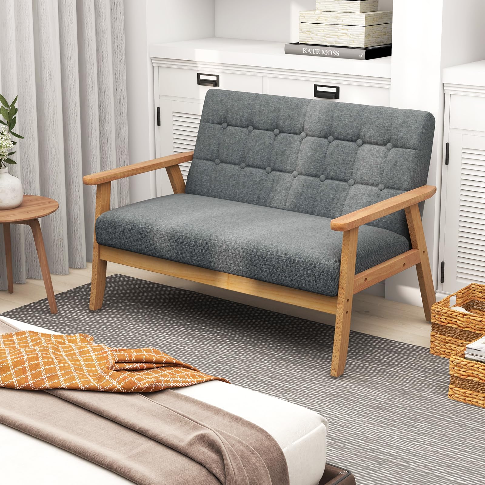 RELAX4LIFE 2 Sitzer Sofa, Polstersofa mit Massivholzrahmen Dickem Sitzkissen, Doppelsofa mit Rücklehne & Armlehnen, bis 250 kg belastbar, Gepolstertes Sofa für Wohnzimmer Schlafzimmer Büro