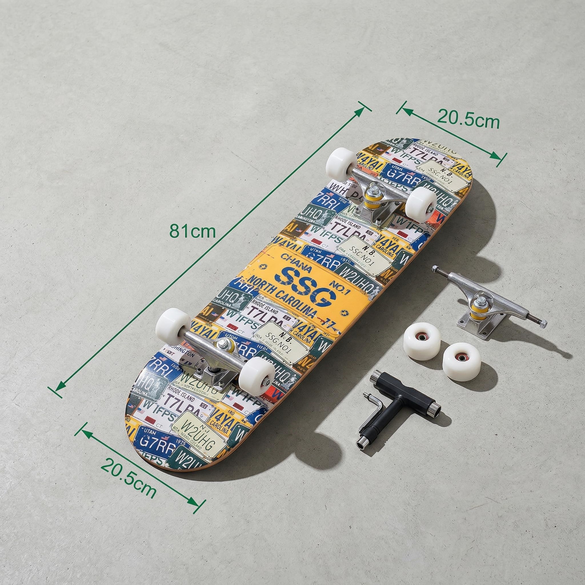 Skateboard Professionnel Double Kick,81 cm en érable, roulements ABEC-7, Roues en PU 95A, Design Graphique personnalisé (81cm, Plaque d'Immatriculation)