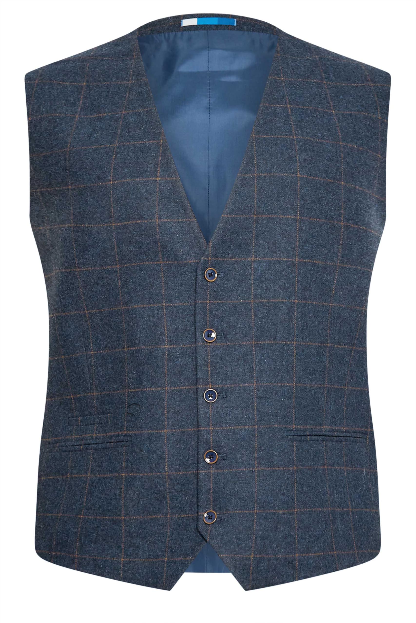 Badrhino Men's Blue Tailoring Big & Tall Wool Mix Check Suit Waistcoat - Plus Size Curve