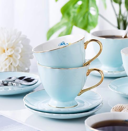 Miniatura 2 de Jusalpha Juego de 6 tazas de té y platillo de porcelana fina con platillo y cuchara (FD-TCS02 azul (6), 7 onzas