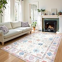 LIVEBOX Washable Oushak Area Rug 5x7 for Living Room, Stain Resistant Soft Bedroom Rug, Ultra-Thin Cream Colorful Vintage Traditional Floral Dining Room Rugs for Under Table Indoor Carpet Turkish