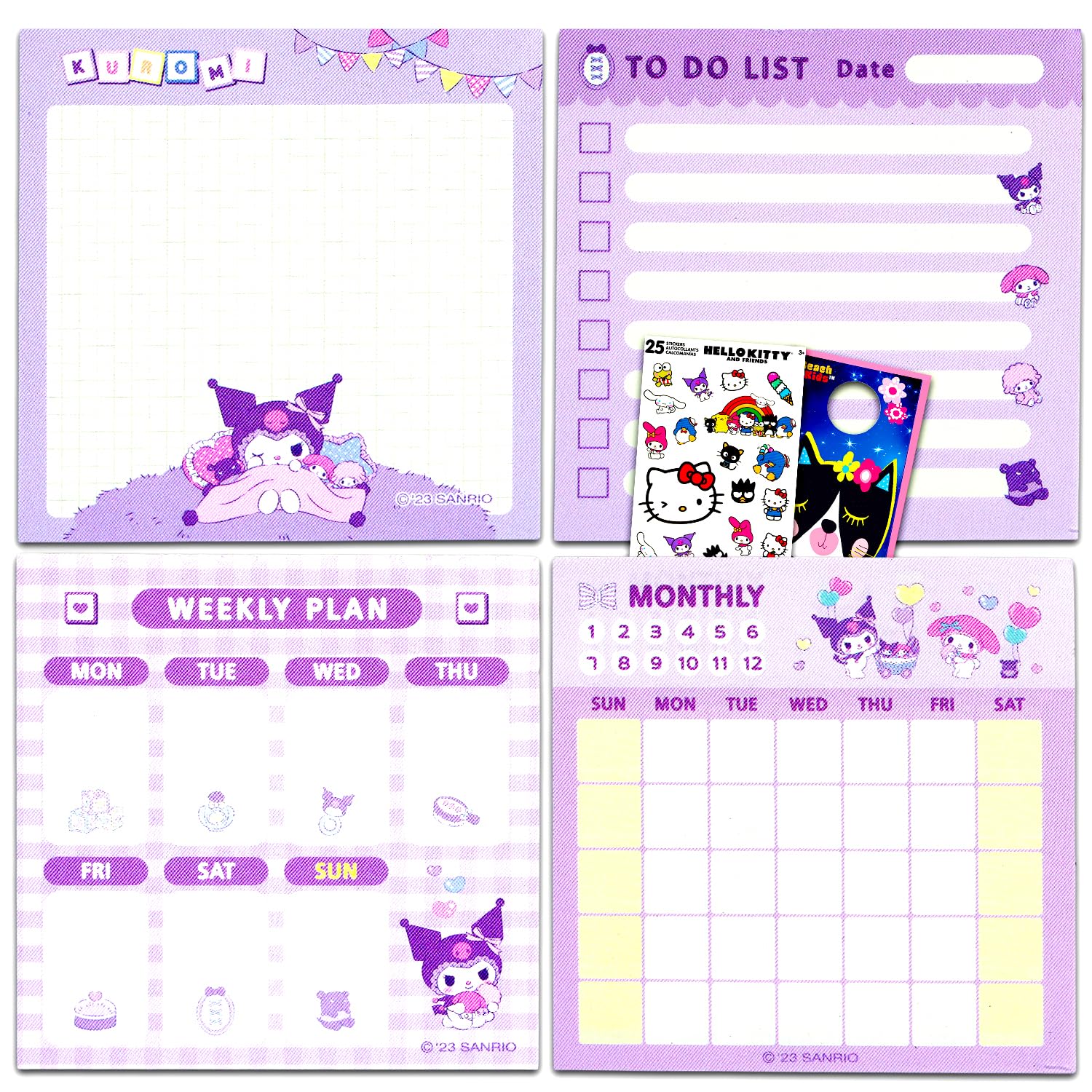 SANRIO Kuromi Memo Pad Set - Bundle with 4 Daily Notepads with To Do List, Weekly Plan, Monthly Calendar, Stickers, and More for Kids, Adults | Kuromi Stationery Set