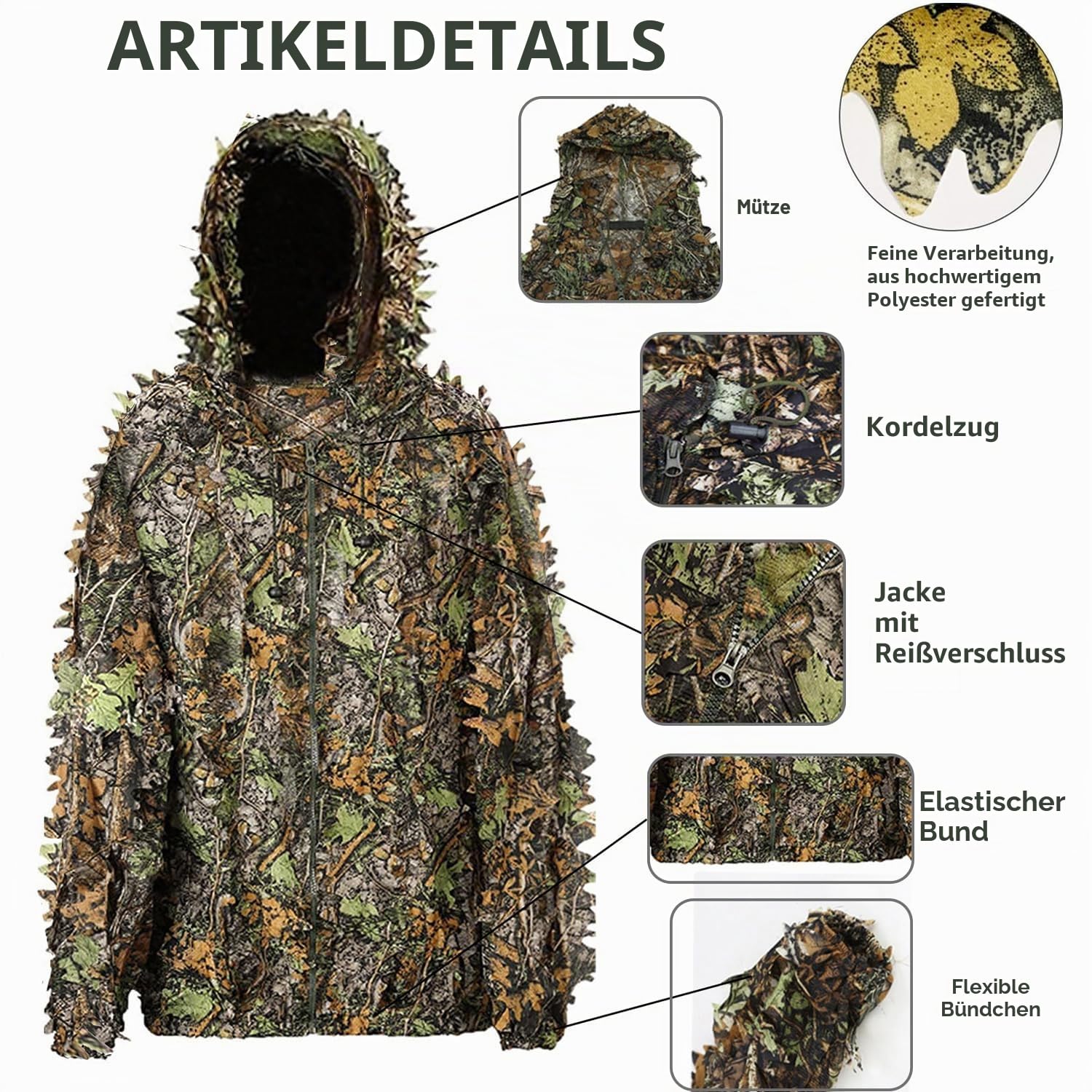 Favuit 3D Ghillie Tarnanzug, Dschungel Kostüm Ghillie Suit Camouflage Anzug Woodland Tarnkleidung für Buschjagd Tierfotografie Jagd Verdeckt Festschmuck