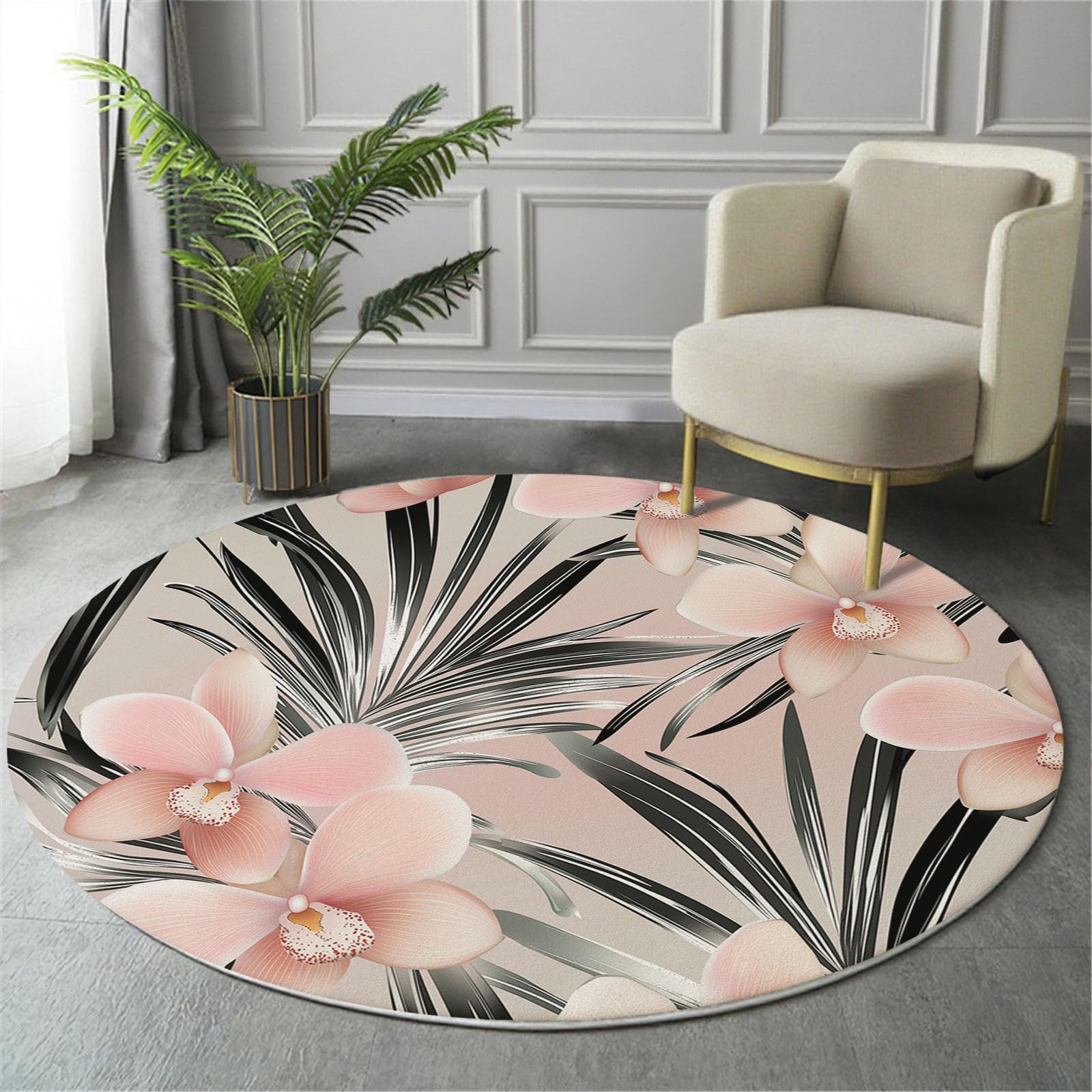 Alfombras Redondas En Rosa Claro 180cm, Alfombra Círculo Orquídea Rosa Palmera Hilo Plateado Franela Suave, Alfombra Plantas Tropicales Antideslizante Pelo Corto, para Dormitorio Comedor Sala de Estar