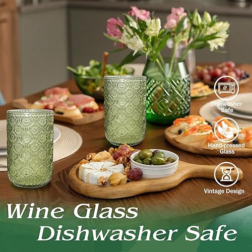 Miniatura 4 de Juego de 6 vasos de bebida vintage verdes de 14 onzas, vasos de agua verde en relieve para cerveza, jugo, cóctel, whisky, leche