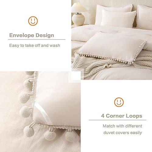 Miniatura 5 de Litanika Juego de edredón de tamaño matrimonial, 3 piezas, color beige, bohemio, con pompones, ligero, para todas las estaciones, suave y liso, para