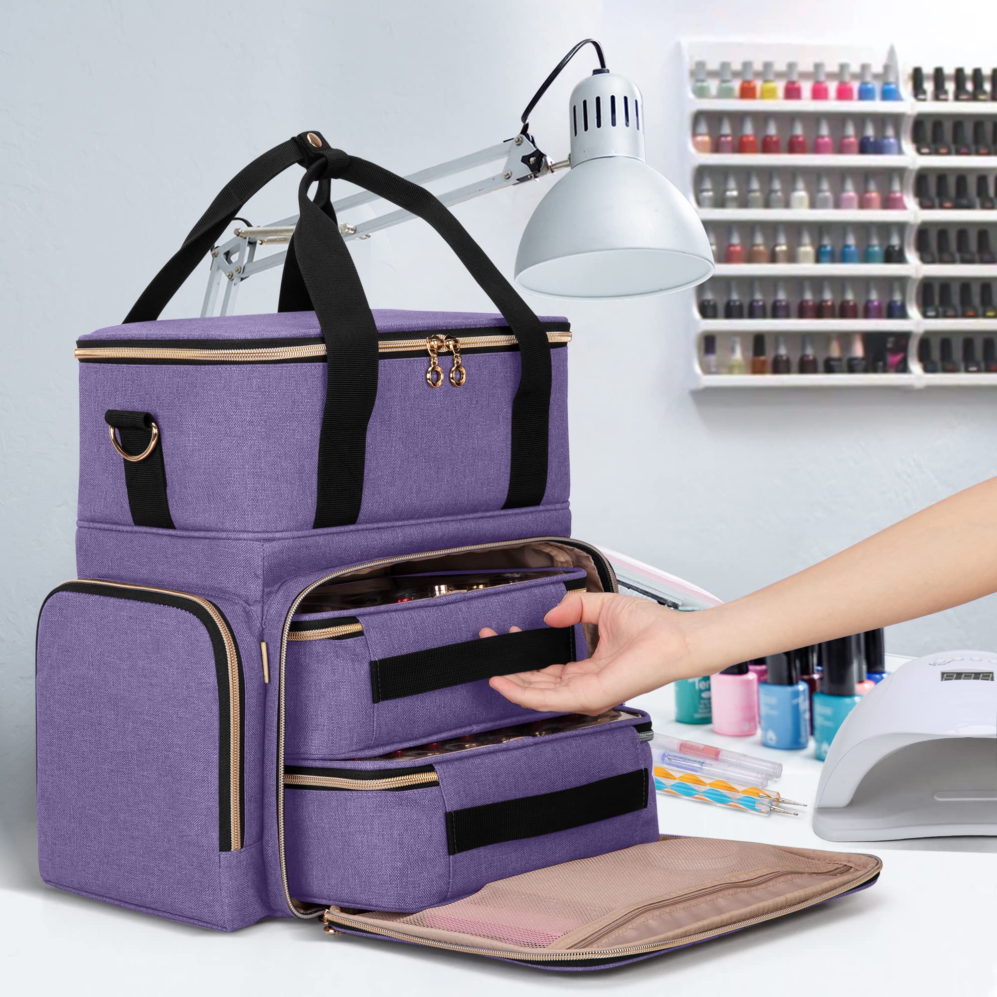Luxja Organizer na lakier do paznokci mieści 70 butelek i lampę do paznokci, etui na lakier do paznokci z 2 wyjmowanymi torbami i kieszeniami na narzędzia (zgłoszony do opatentowania), Fioletowy,