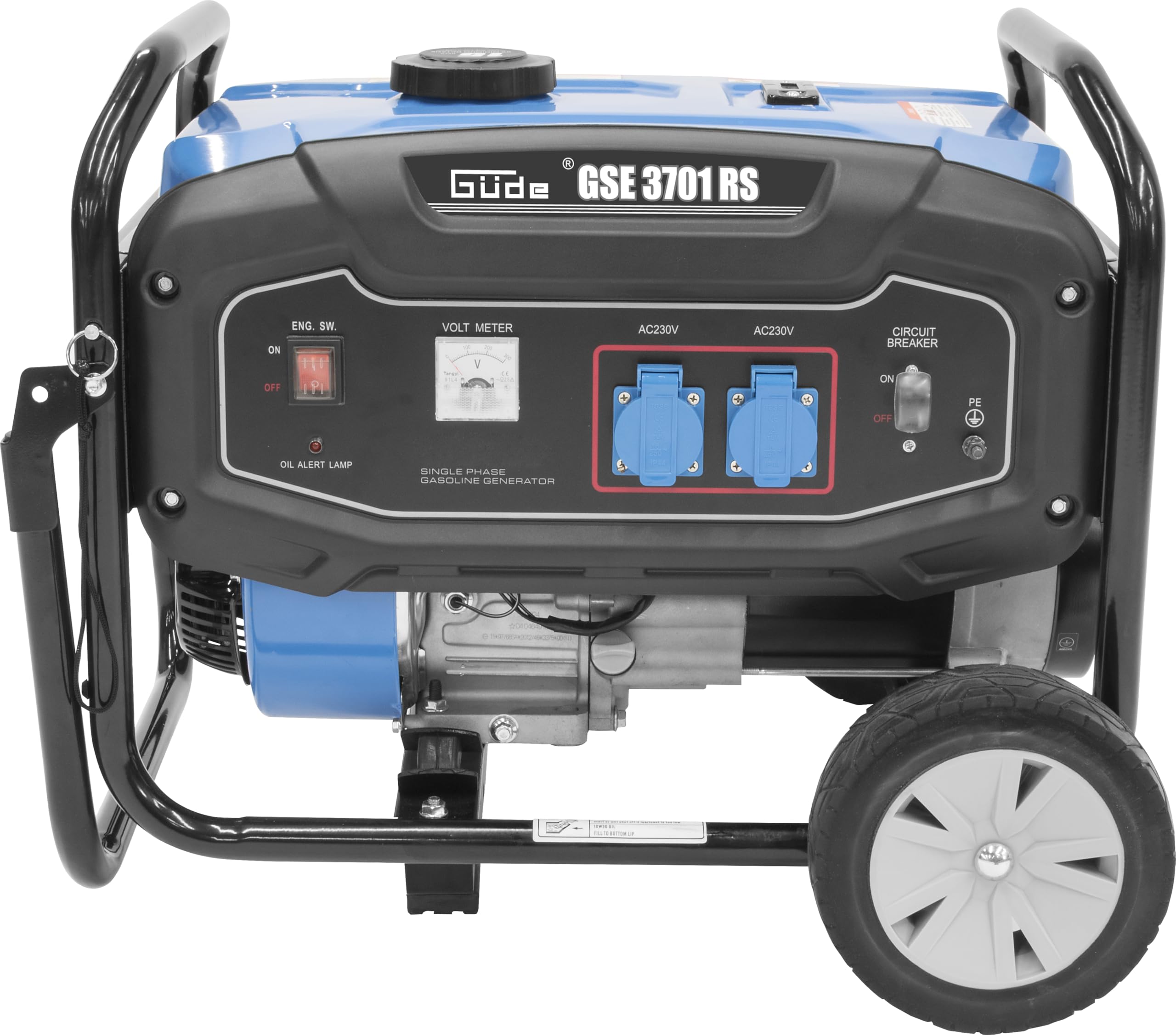 Güde Stromerzeuger GSE 3701 RS (4-Takt Motor, Benzin, 4/5,5 (kW/PS), 2x 230 V Steckdosen, max. 2800 W, Laufzeit bis 16 h, Tank 15 L, AVR, Überlastungsschutz, Fahrwerk, TÜV/GS, TEST GUT- SEHR GUT)