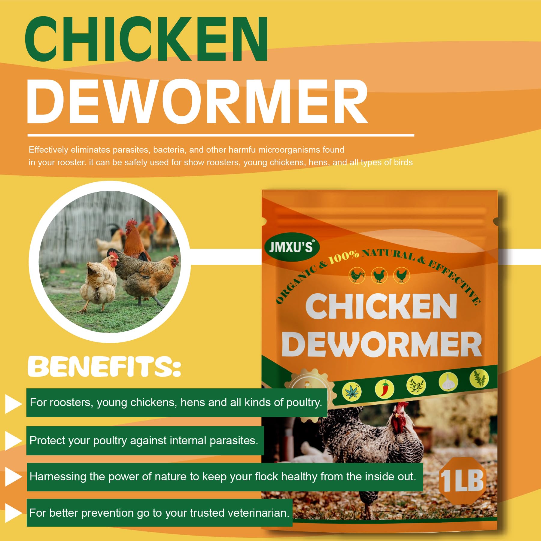 Jmxu's Chicken Dewormer Powder, All Natural Formula Poultry Dewormer, Safeguard Dewormer Powder for Laying Hens, Chicks, Roosters, Turkeys to Relieve and Prevent Worms, 1 LB