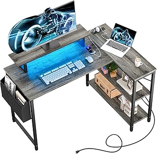 Homieasy L Shaped Computer Desk with LED Strip & Power Strip, 47 Inch Corner Desk with Monitor Stand Reversible Storage Shelves, Modern Simple Home Office Gaming Desk with Storage Bag(Black Oak)