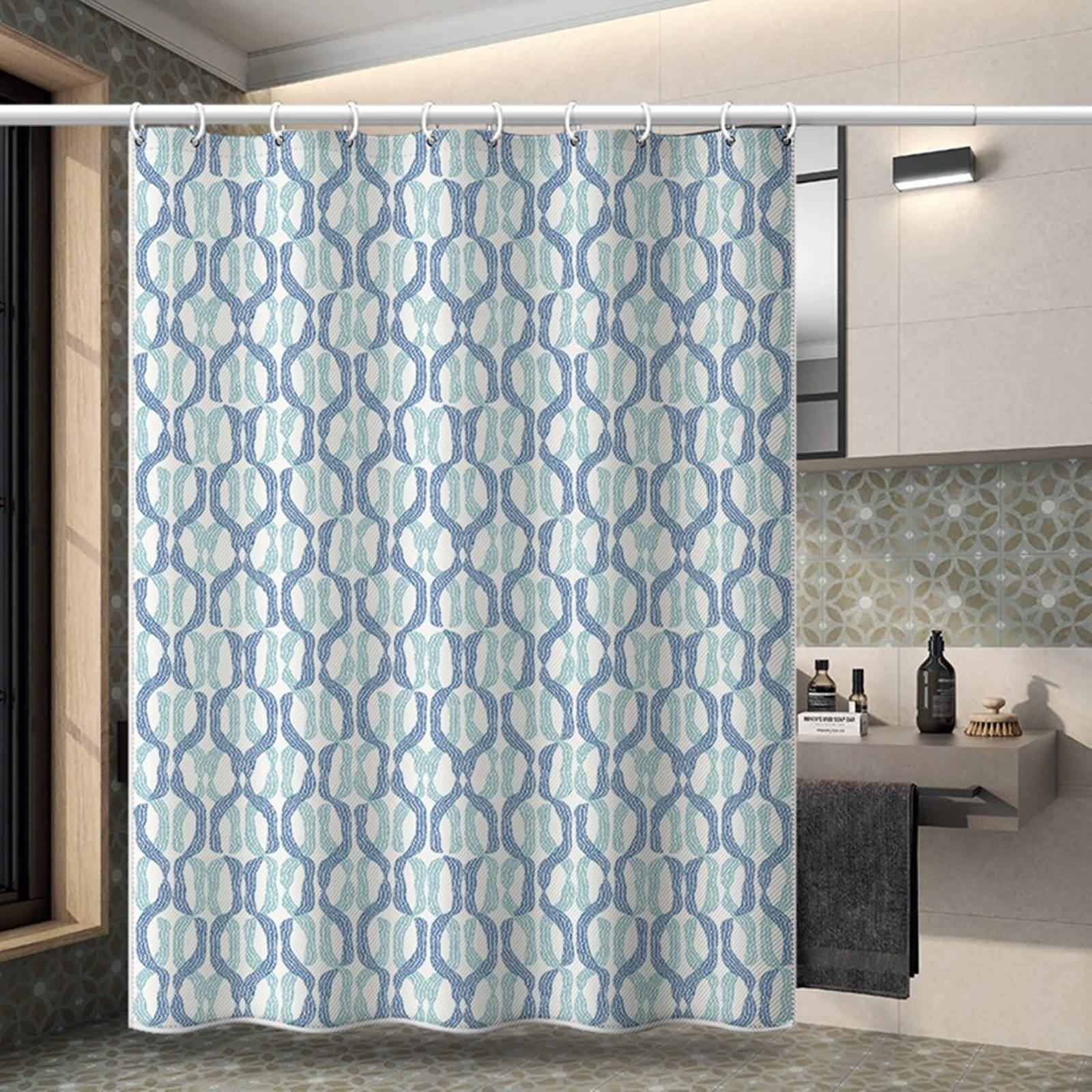 Tenda Doccia 150 x 180, Poliestere Blu Verde Modello geometrico Tenda doccia in tessuto per bagno