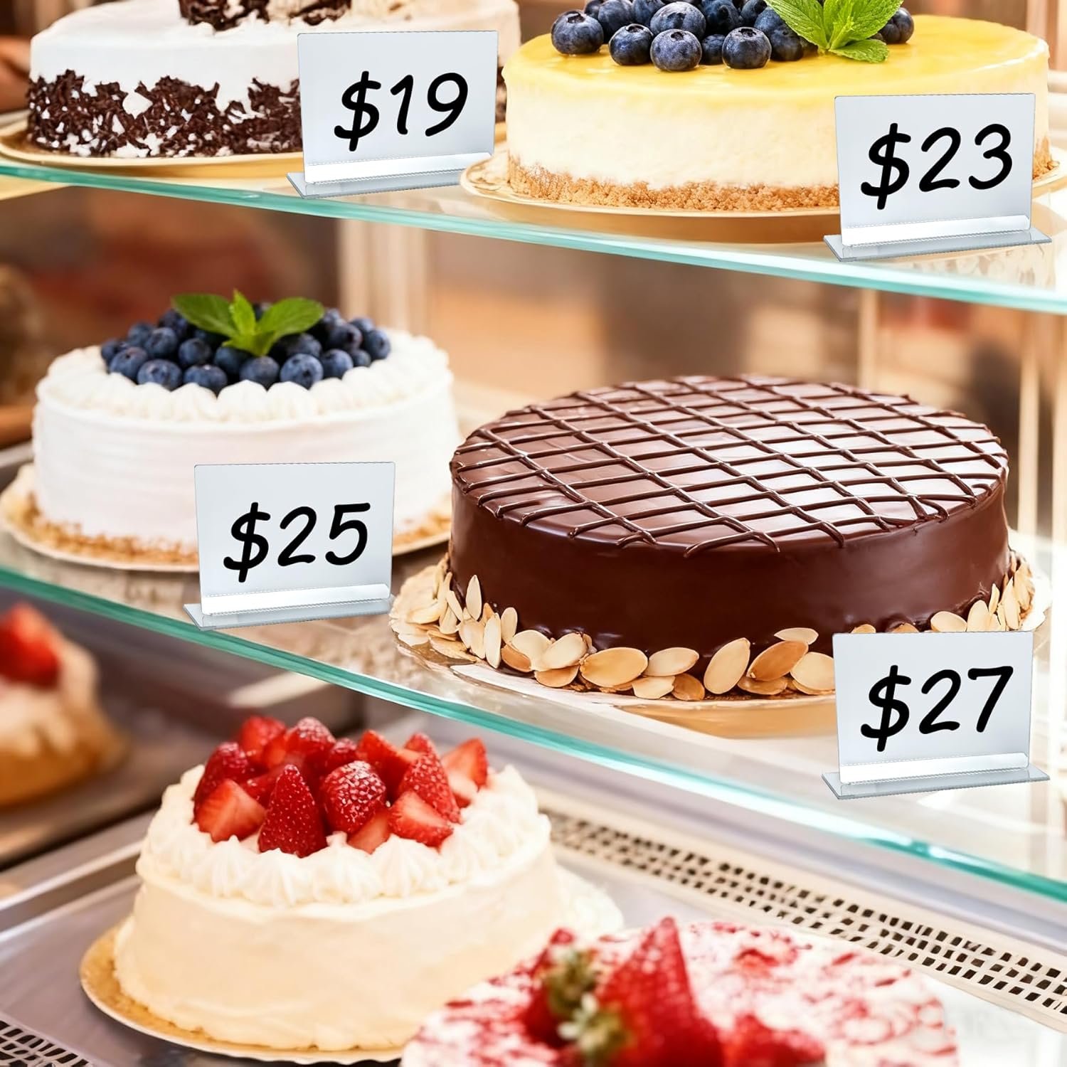 12 PCS Food Labels for Party Buffet - Ohmique Silvery Food Signs for Buffet, Acrylic Rectangle Mini Signs with Base & 2 Markers, Reusable Party Wedding Retail Table Labels (3.9"x3")