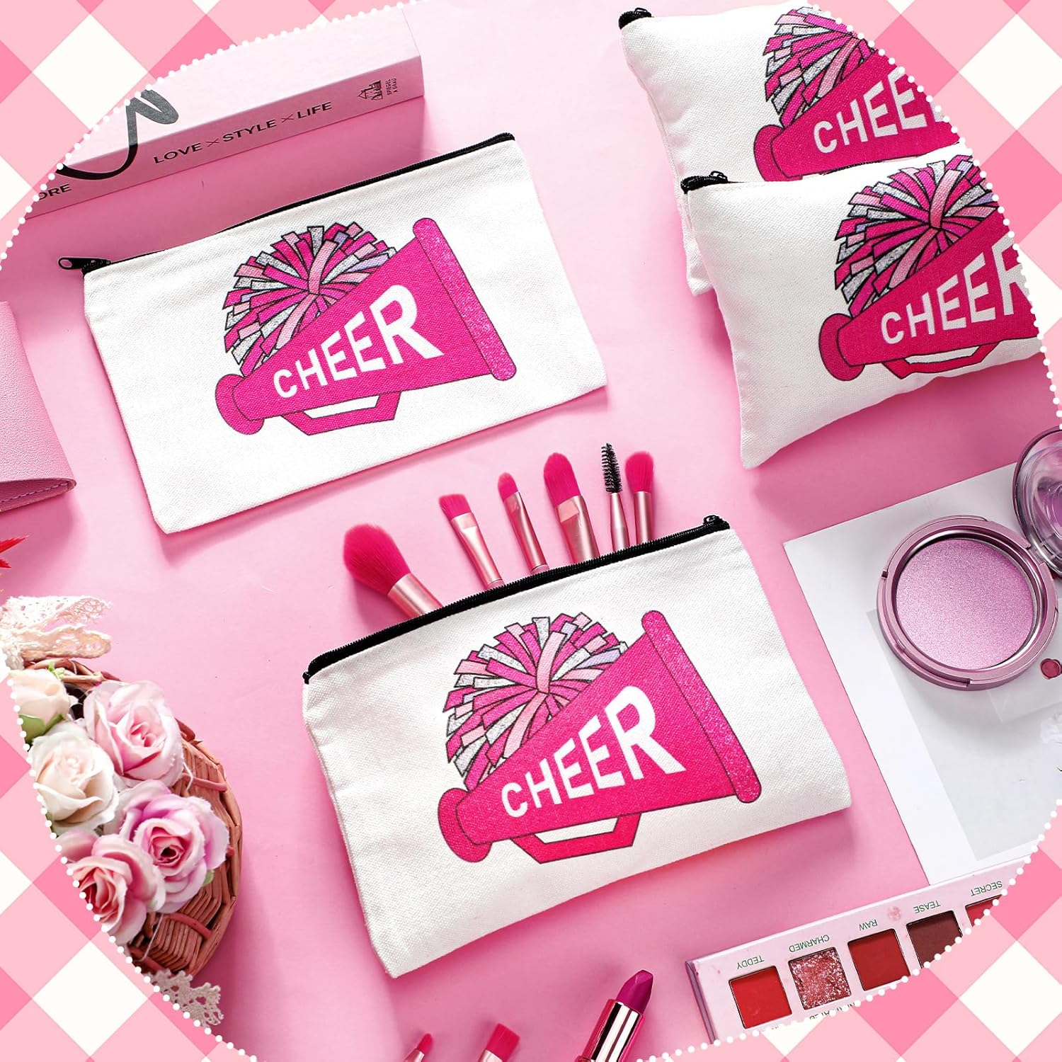 20 Pcs Cheer Makeup Bag Cheer Teams Senior Night Gifts Canvas Makeup Case Cheerleader Teams Gifts Zipper Pouch for Cheerleading Teammates Party Supplies(Pink) - Image 3