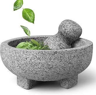 Flexzion Granite Mortar and Pestle Set - Solid Granite Stone Grinder Bowl Holder 7.9 Inch for Guacamole, Herbs, Spices, Garlic, Kitchen, Cooking, Medicine