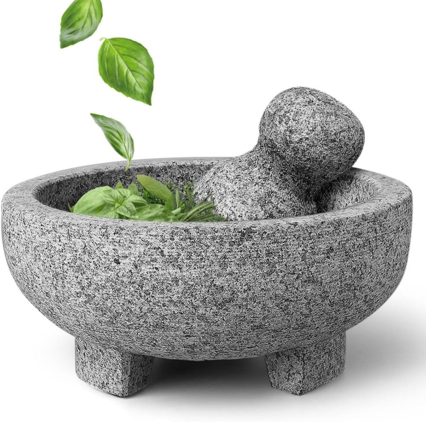 Flexzion Granite Mortar and Pestle Set - Solid Granite Stone Grinder Bowl Holder 7.9 Inch for Guacamole, Herbs, Spices, Garlic, Kitchen, Cooking, Medicine