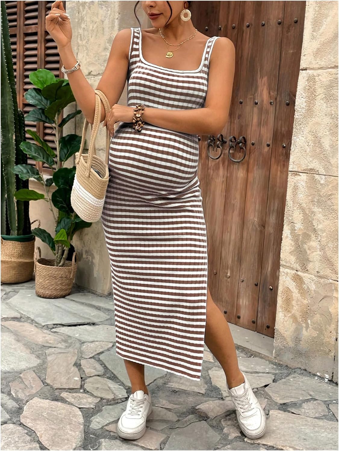 OYOANGLE Women's Maternity Dress Striped Sleeveless Ribbed Square Neck High Slit Long Tank Dress