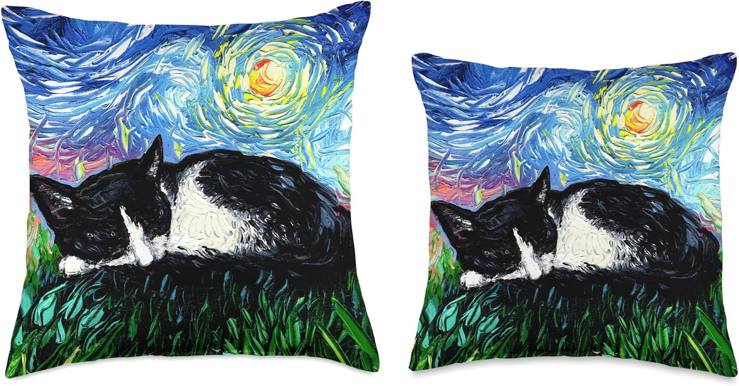 Sleeping Tuxedo Cat Starry Night Kitten Artwork Throw Pillow