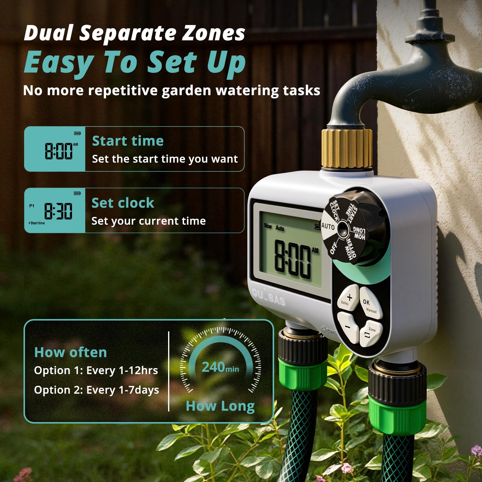 QUOBAS Timer per irrigatore per tubo da giardino, programmabile in ottone, timer digitale dell'acqua con ritardo pioggia/auto/manuale 3 modalità, piscina, irrigazione a goccia, schermo impermeabile